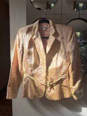 Kay Unger Pink and Yellow Geometric Belted Blazer